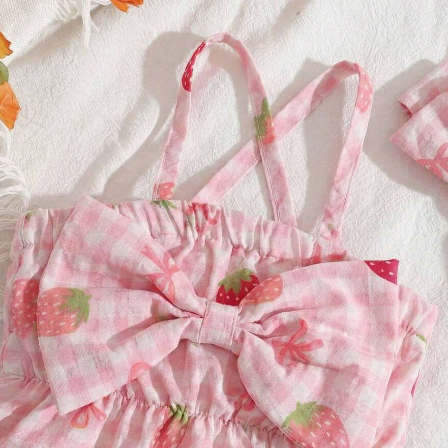 2PCS Cute Strawberry & Plaid Print Sleeveless  Baby Romper