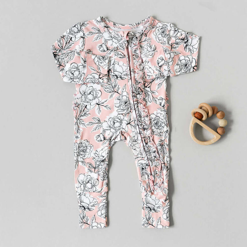 Allover Graceful Floral Printed Zipper Baby Jumpsuit