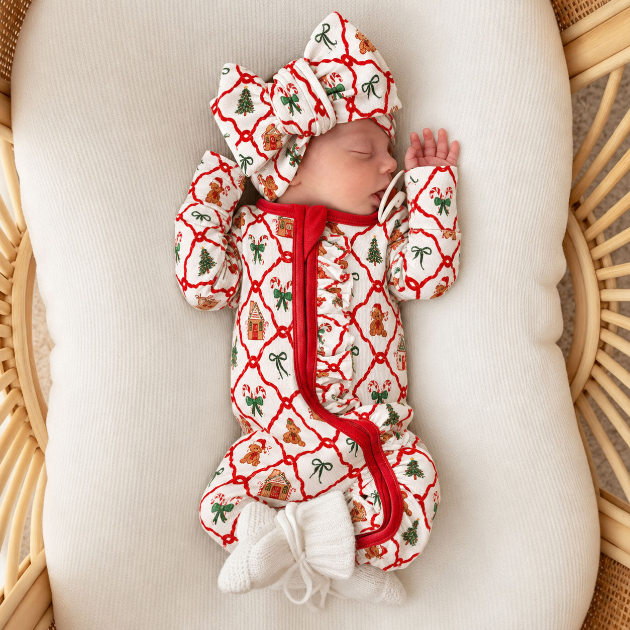 2PCS Lovely Christmas Candy Cane Bear Printed Zipper Baby Jumpsuit