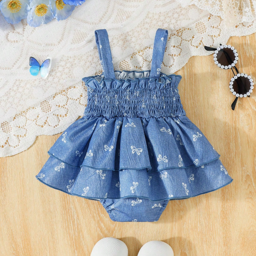 Trendy Ruffled Bow Tie Printed Sleeveless Baby Romper