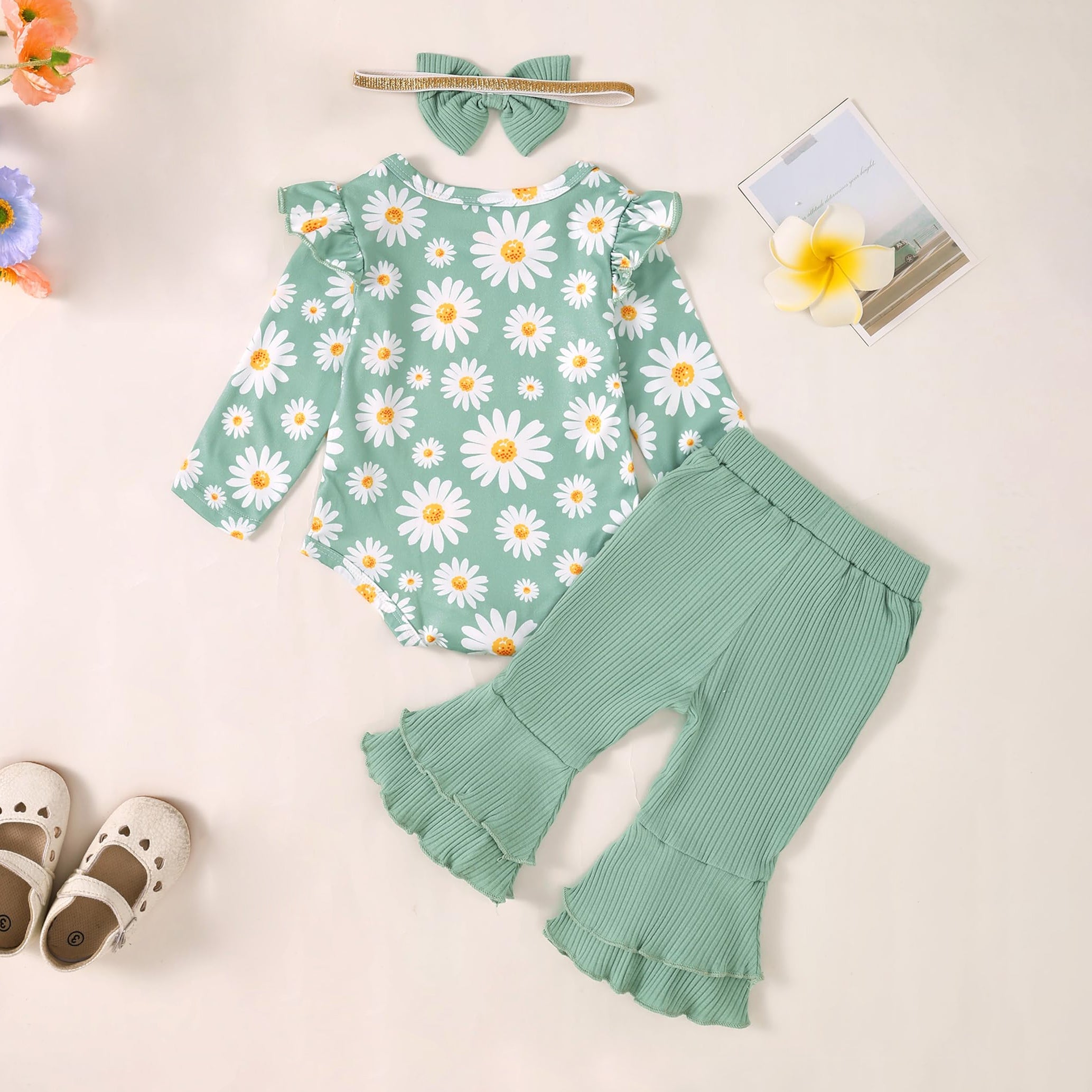 3PCS Fresh Daisy Printed Long Sleeve Flared Pants Baby Set