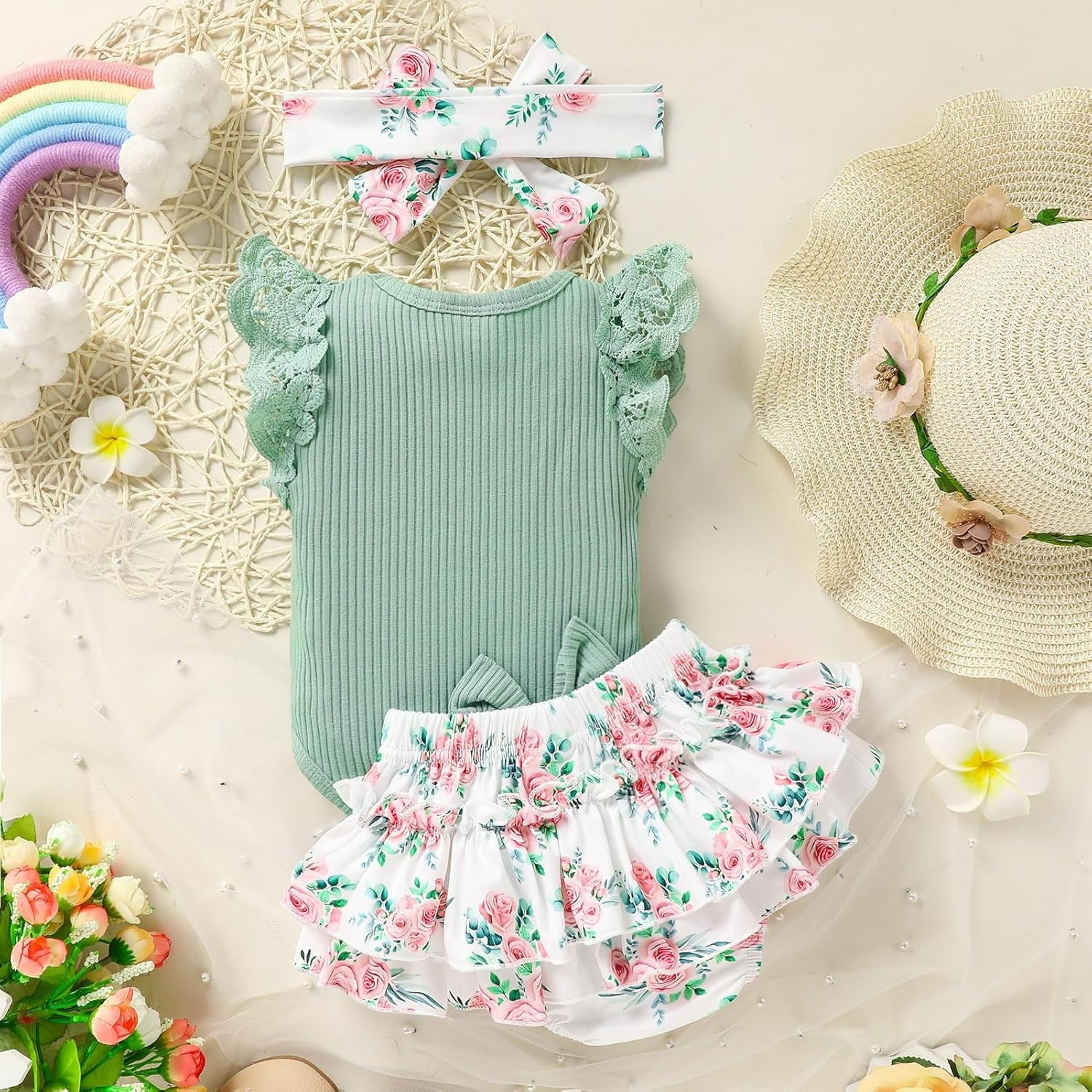 3PCS Lovely Daddy's Little Princess Letter Floral Print Baby Set