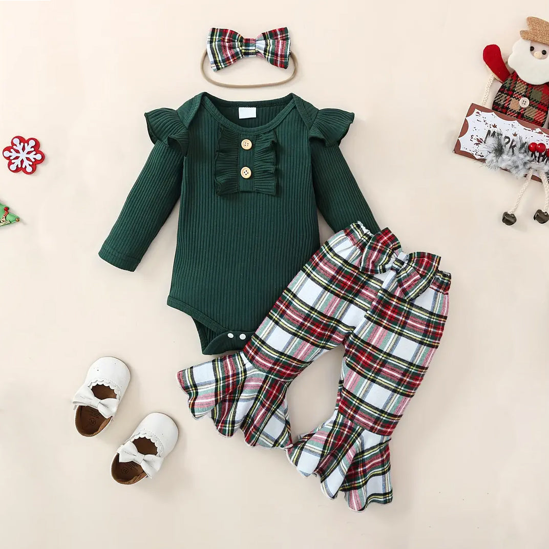 3PCS Stylish Plaid Printed Long Sleeve Baby Set