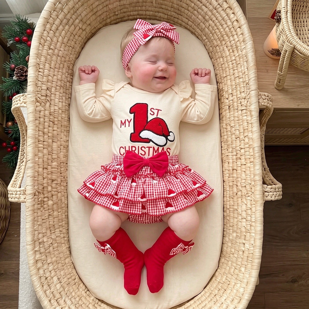 4 PCS My 1st Christmas Letter Santa Hat Plaid Print Baby Girl Set