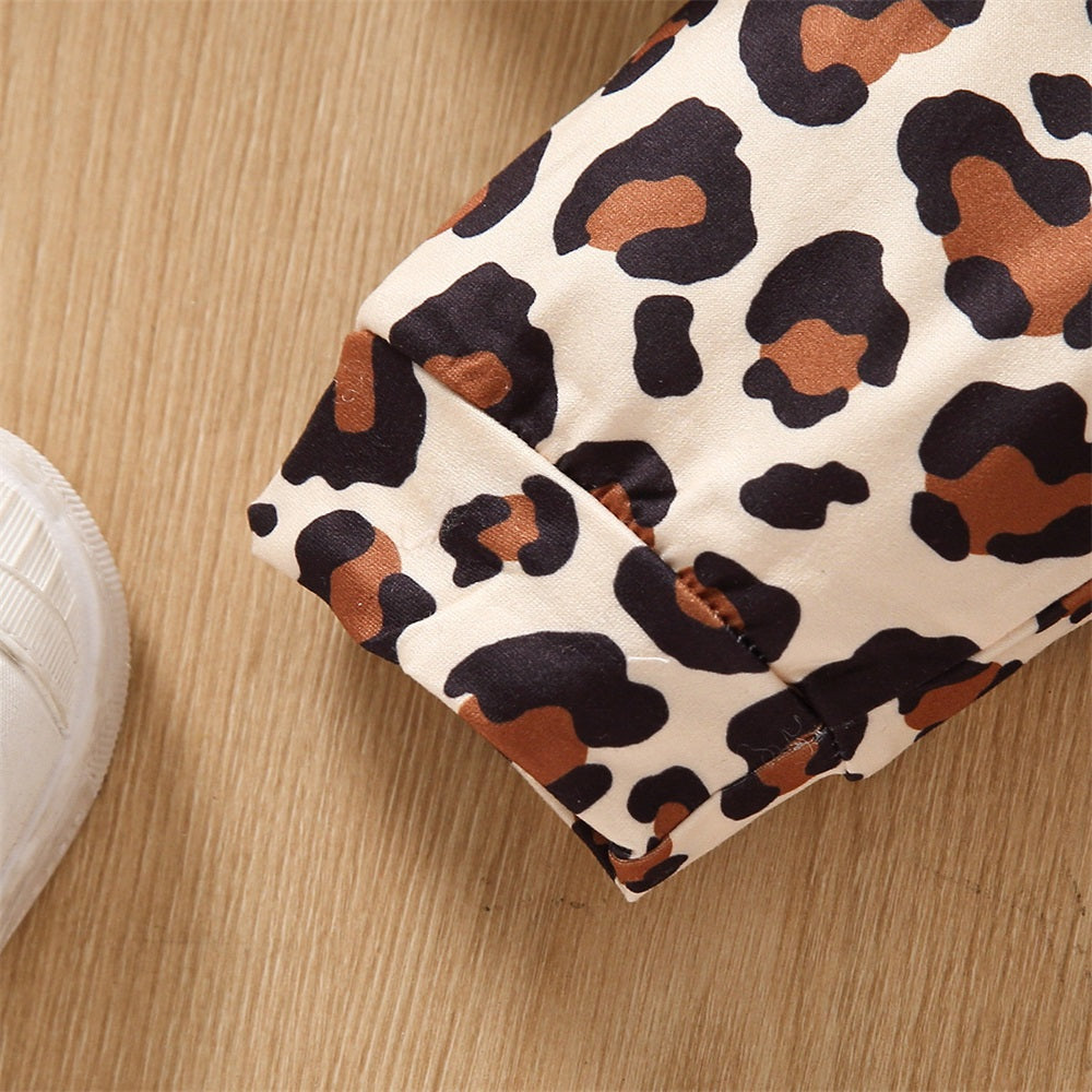 2PCS Mama's Bestie Letter Print Leopard Long Sleeve Hooded Baby Set