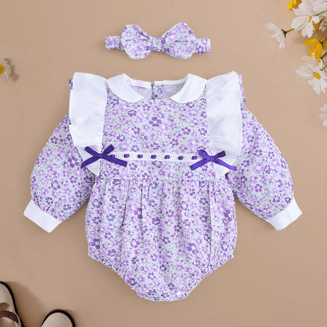 2PCS Elegant Floral Printed Long Sleeve Baby Romper
