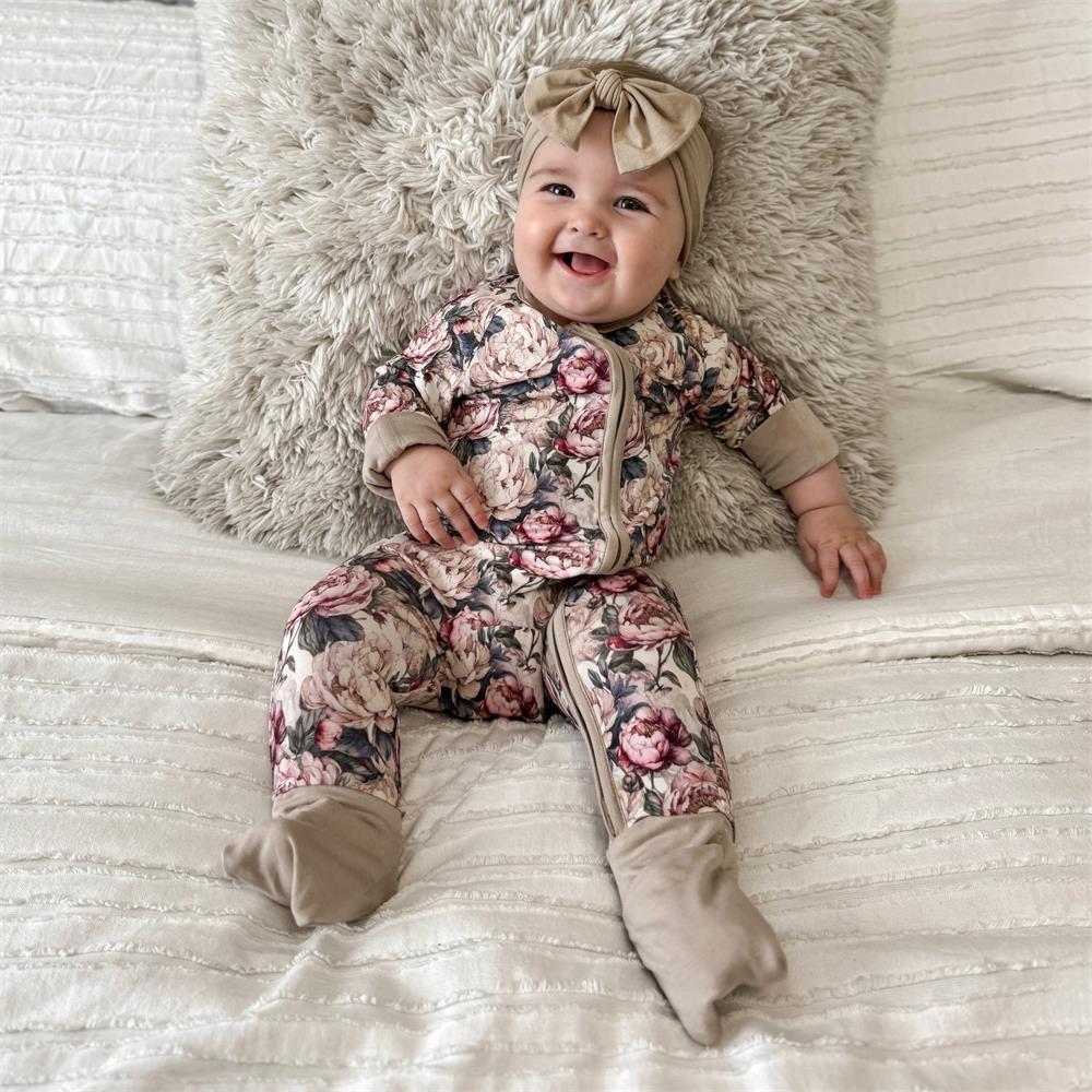 Stylish Floral Print Long Sleeve Zipper Baby Jumpsuit