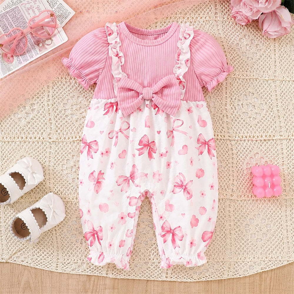 Sweet Bow Printed Short Sleeve Baby Jumpsuit