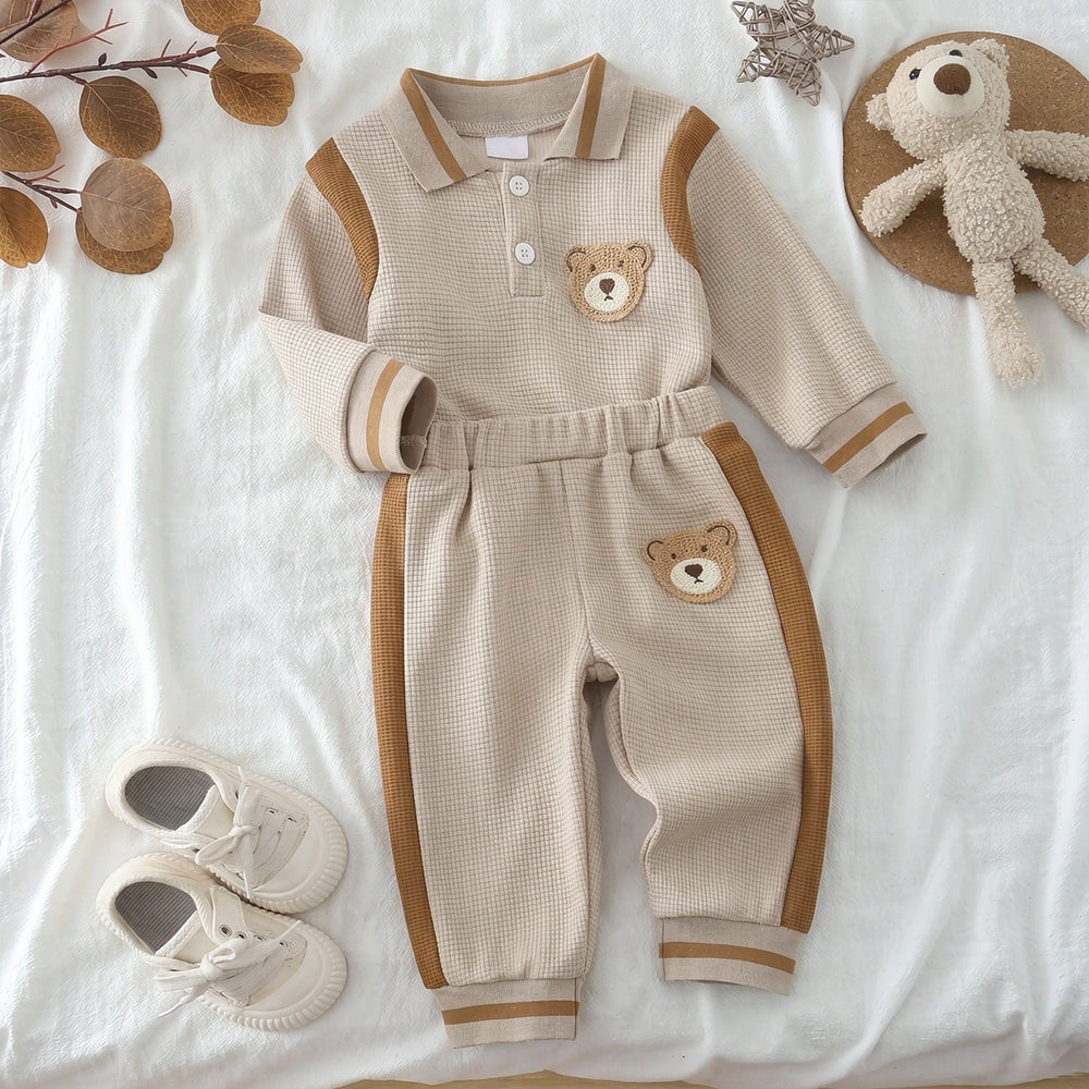 2PCS Casual Bear Applique Colorblock Baby Boy Waffle Set