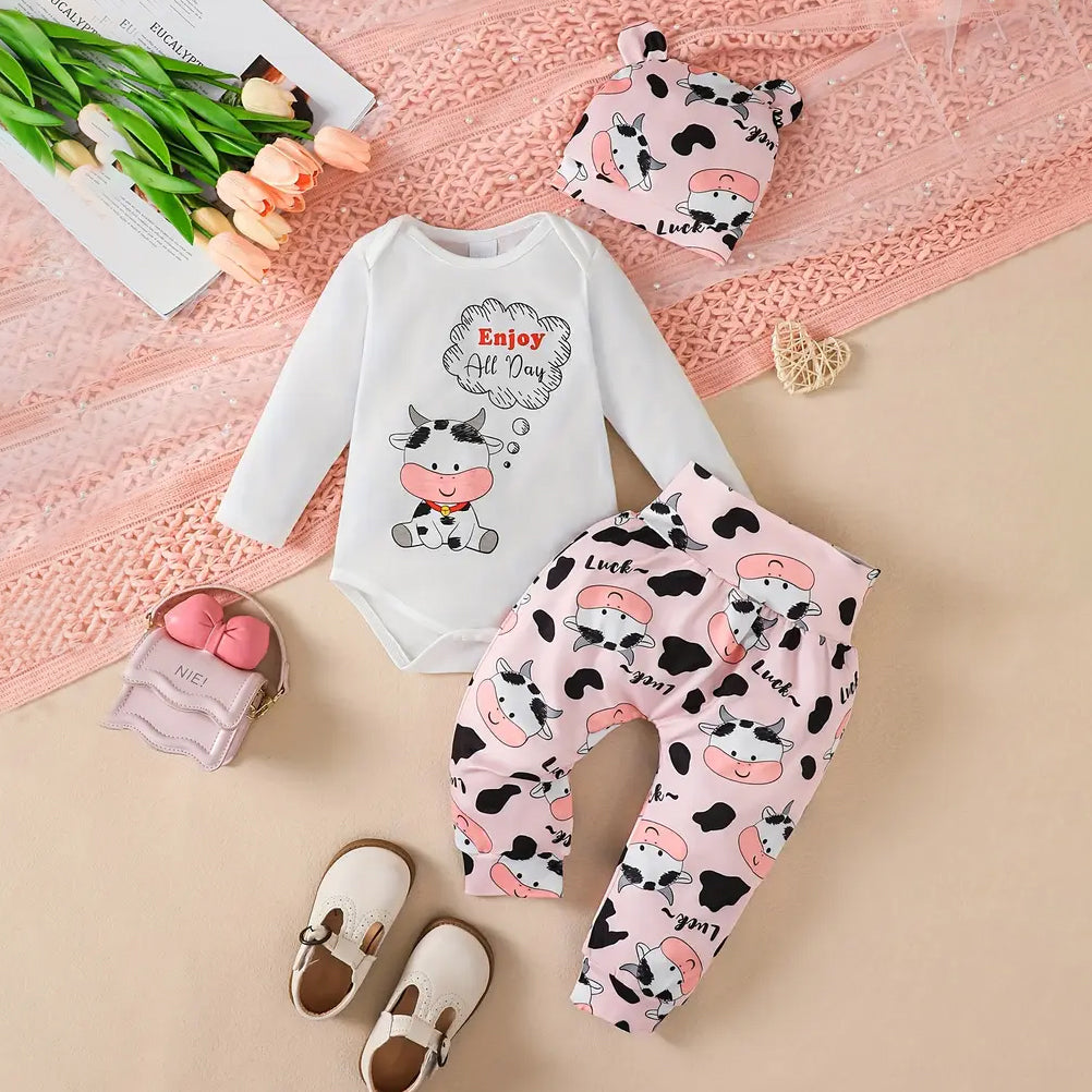3PCS Enjoy All Day Letter Cow Printed Baby Set