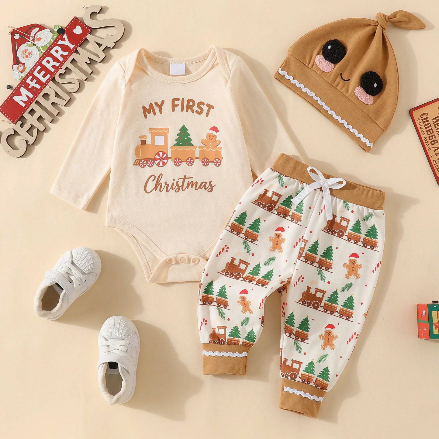 3PCS My First Christmas Letter Gingerbread Printed Long Sleeve Baby Set