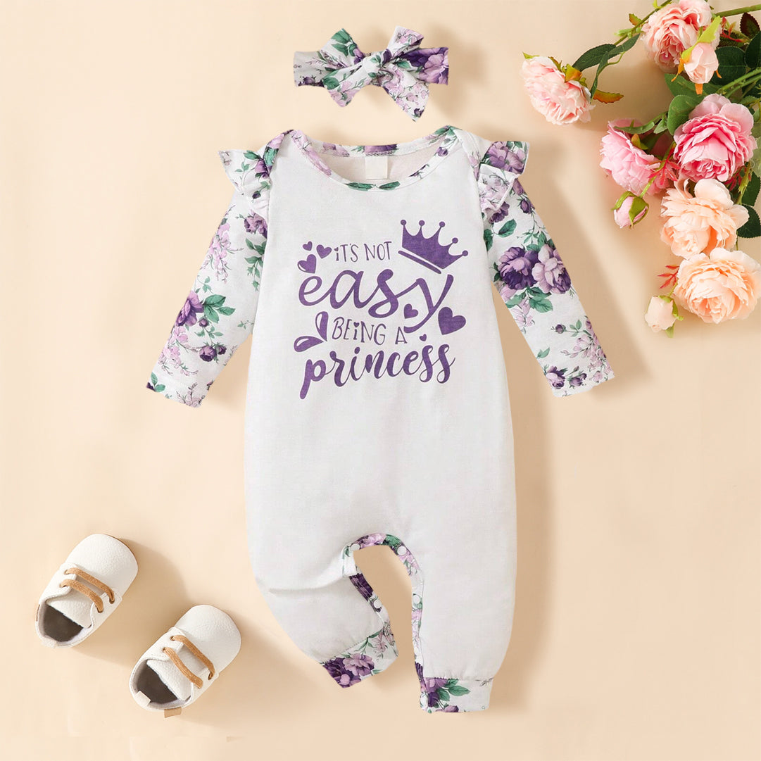 2PCS It's Not Easy Being A Princess Letter Floral Printed Baby Jumpsuit