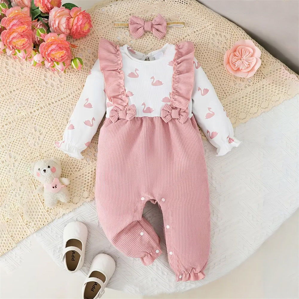 2PCS Cute Cartoon Swan Print Long Sleeve Baby Jumpsuit