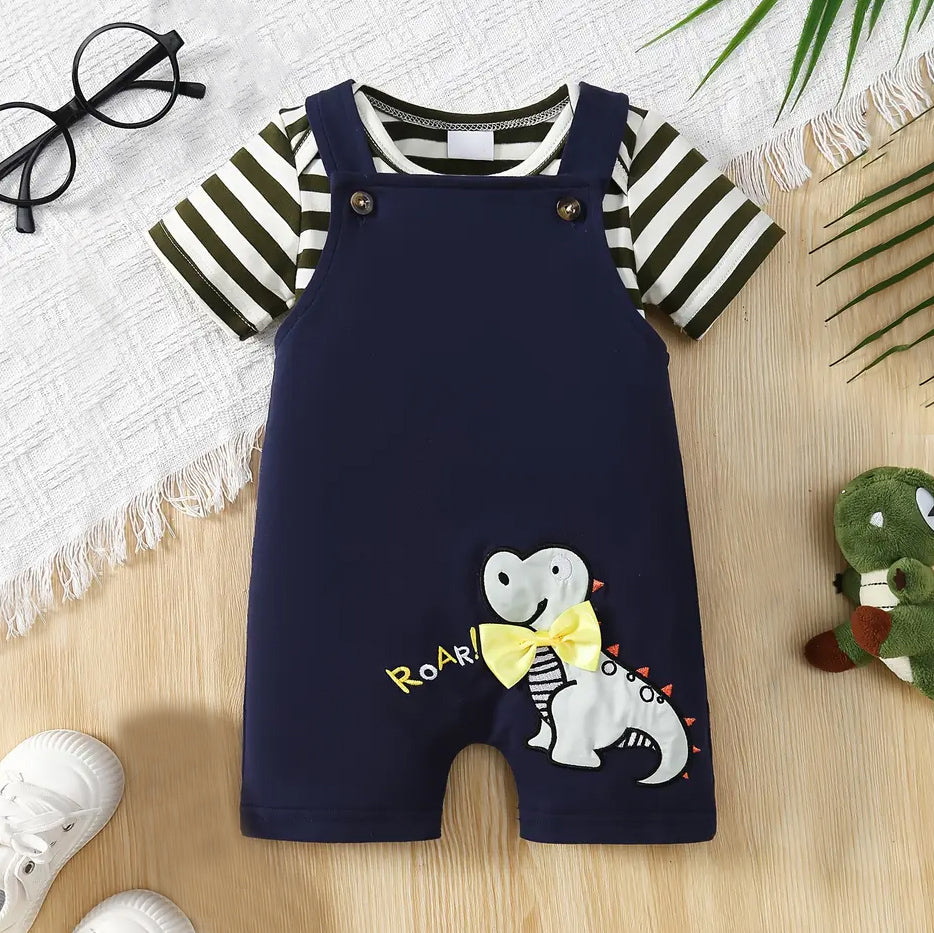 2PCS Cute Stripe and Dinosaur Printed Short Sleeve Baby Set