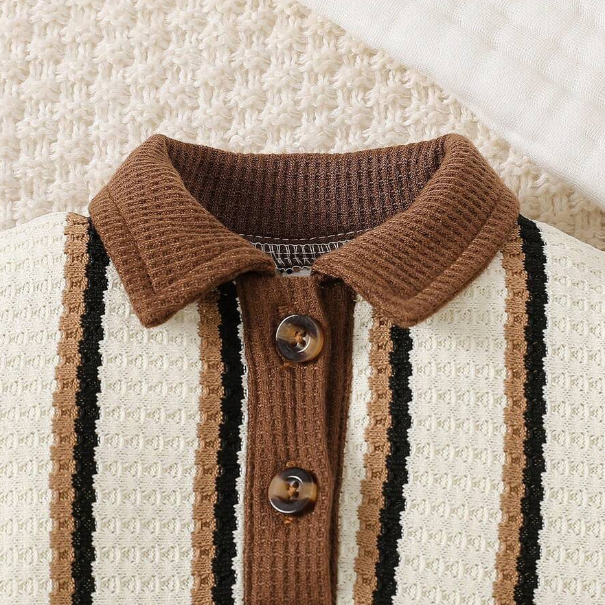2PCS Colorblock Stripe Print Long Sleeve Waffle Baby Boy Jumpsuit