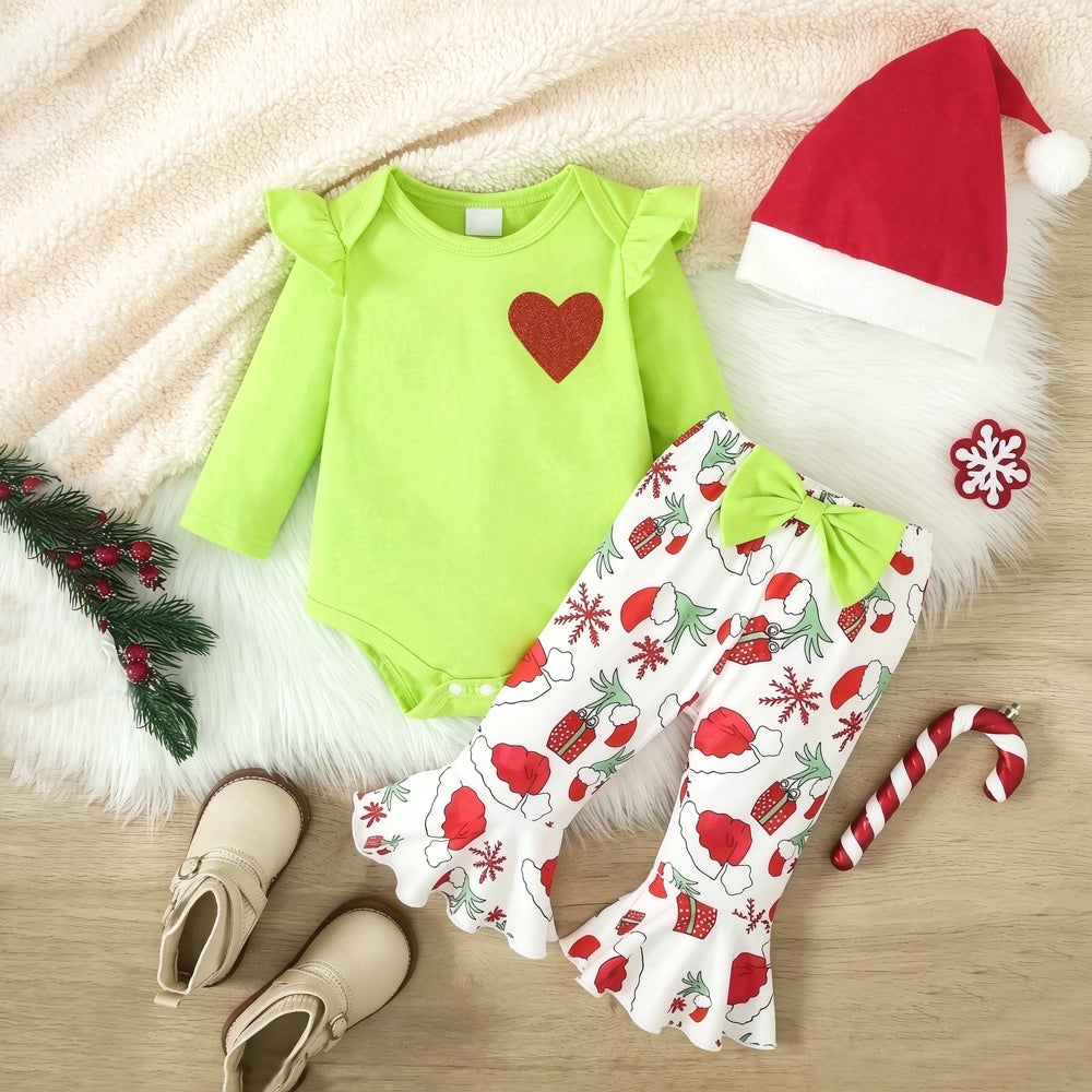 3PCS Grumpy Green Monster Heart Santa Hat Print Baby Girl Set