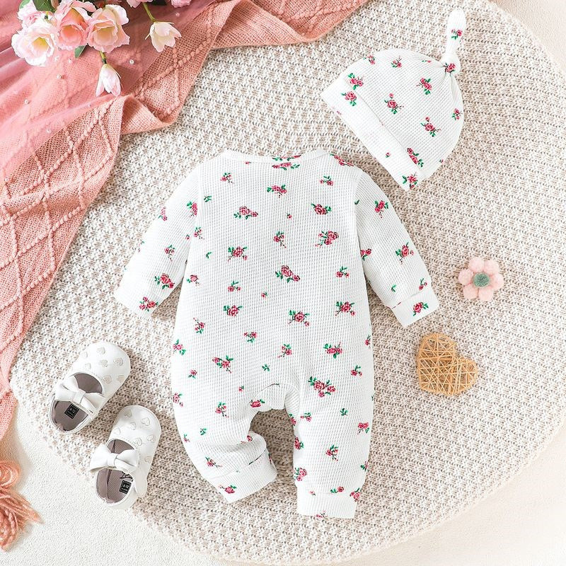 2PCS Baby Girl Ditsy Floral Print Waffle Long Sleeve Jumpsuit