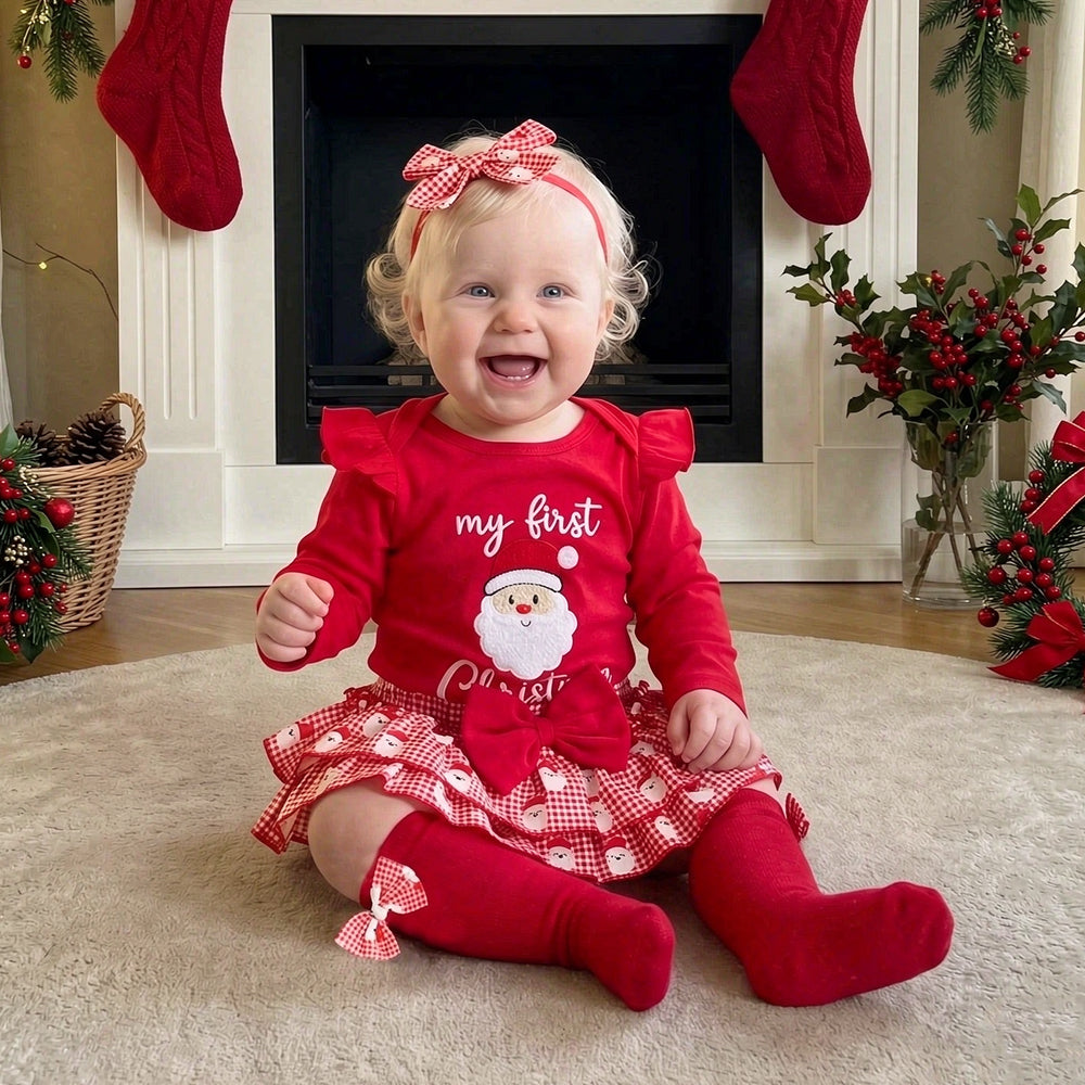 4 PCS Pretty My First Christmas Letter Santa Plaid Print Baby Set