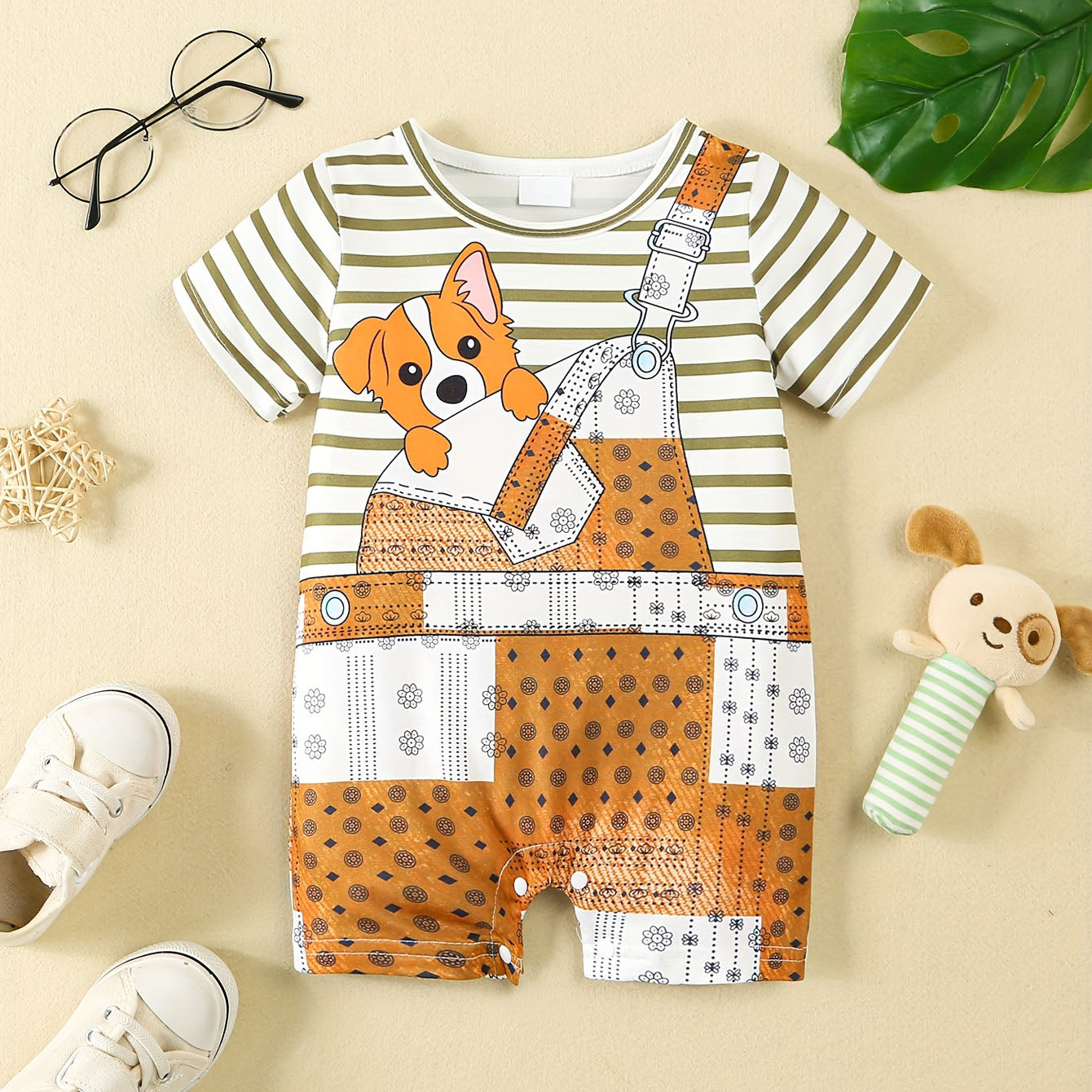 Casual Puppy Print Striped Short Sleeve Baby Jumpsuit