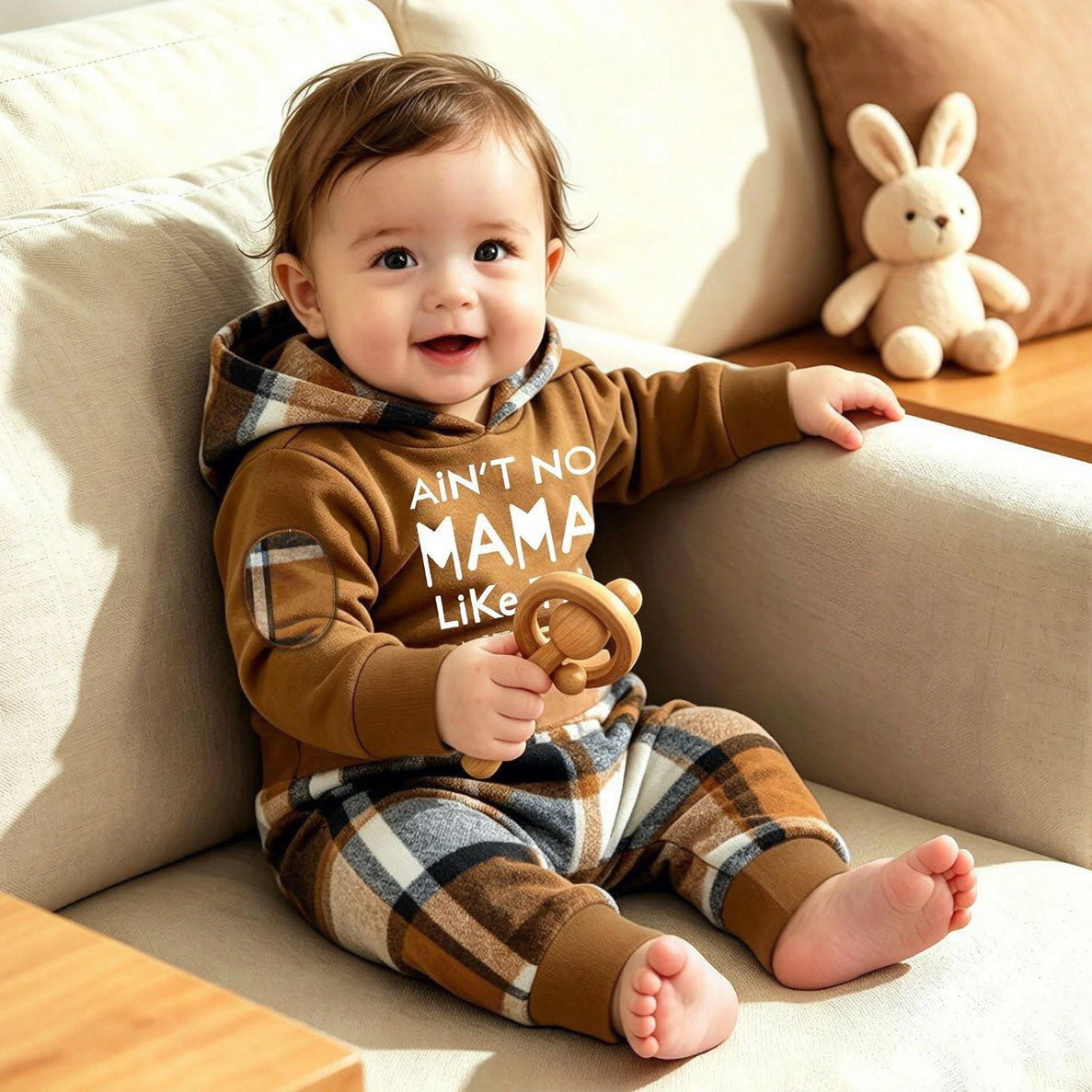 2PCS Ain't No Mama Letter Plaid Print Hoodie Long Sleeve Baby Set