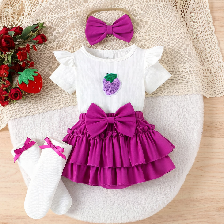 4PCS Cute Grape Appliqué Short Sleeve Baby Girl Set