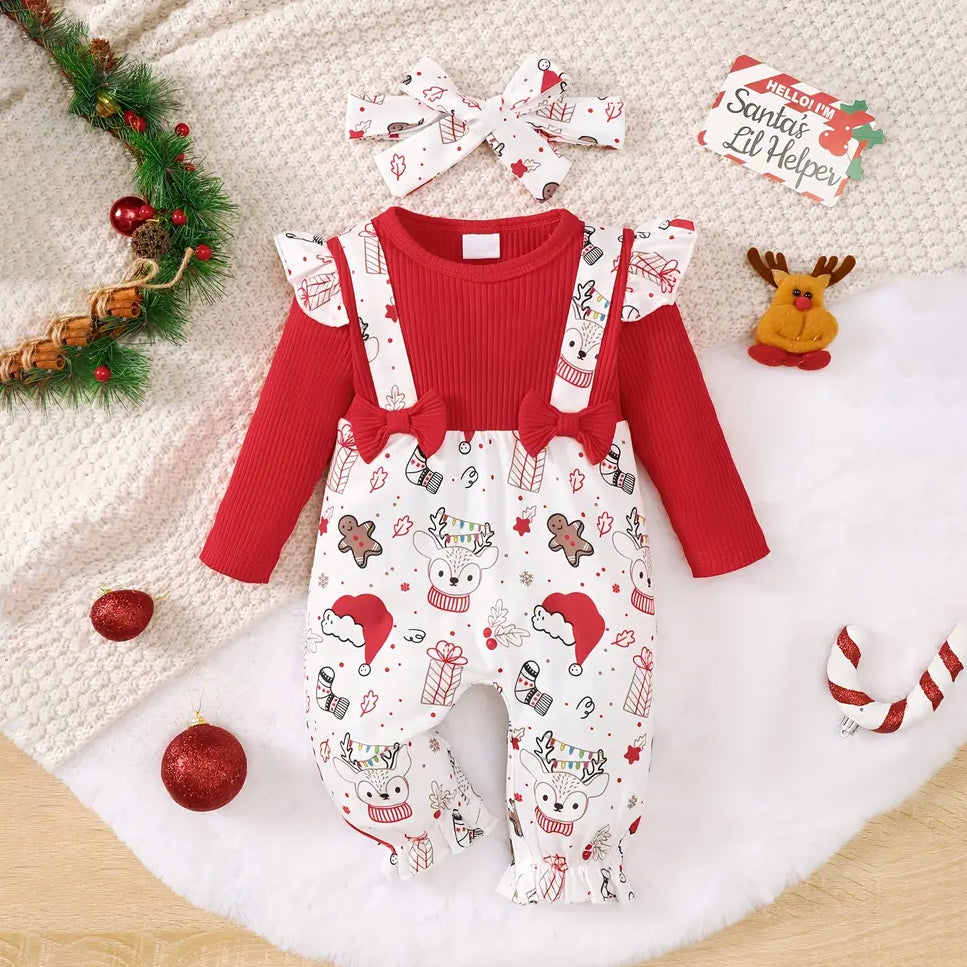 2PCS Christmas Animal Printed Long Sleeve Baby Jumpsuit