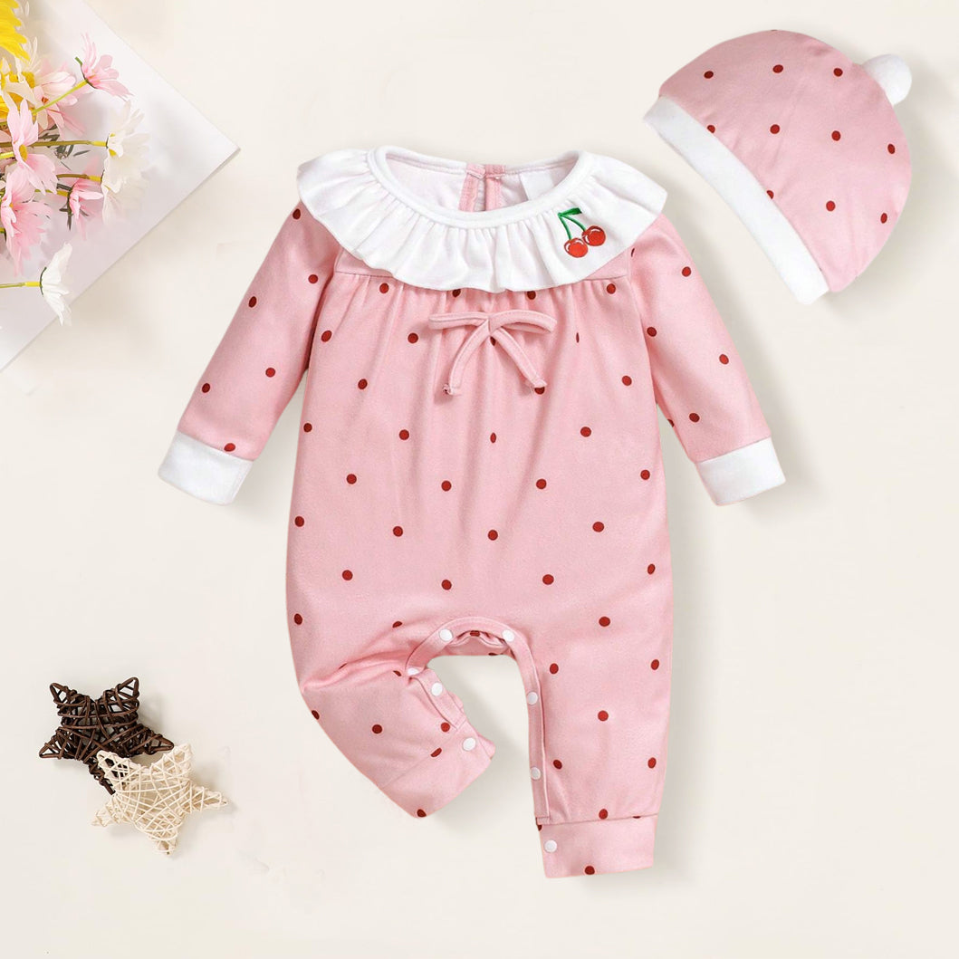 2PCS Cherry Polka Dot Printed Baby Jumpsuit