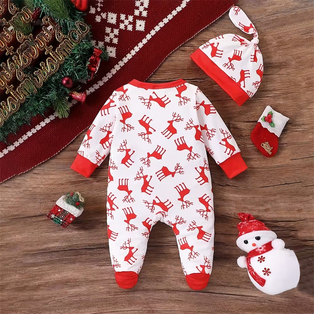 2PCS Christmas Elk Print Long Sleeve Baby Jumpsuit