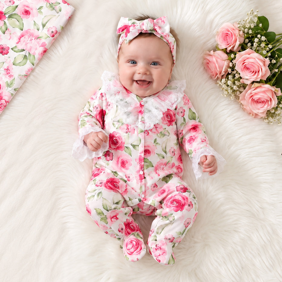 2PCS Vivid Floral Print Lace Long Sleeve Baby Girl Jumpsuit