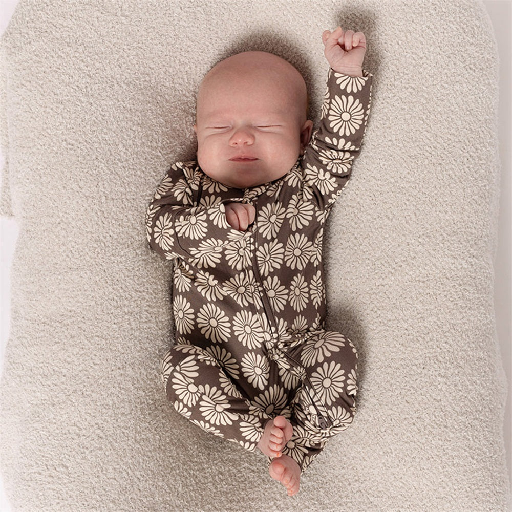 Casual Floral Print Long Sleeve Zipper Baby Jumpsuit