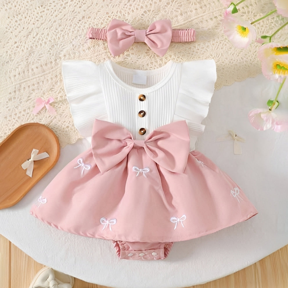2PCS Color Blocking Bow Embroidery Flutter Sleeve Baby Romper
