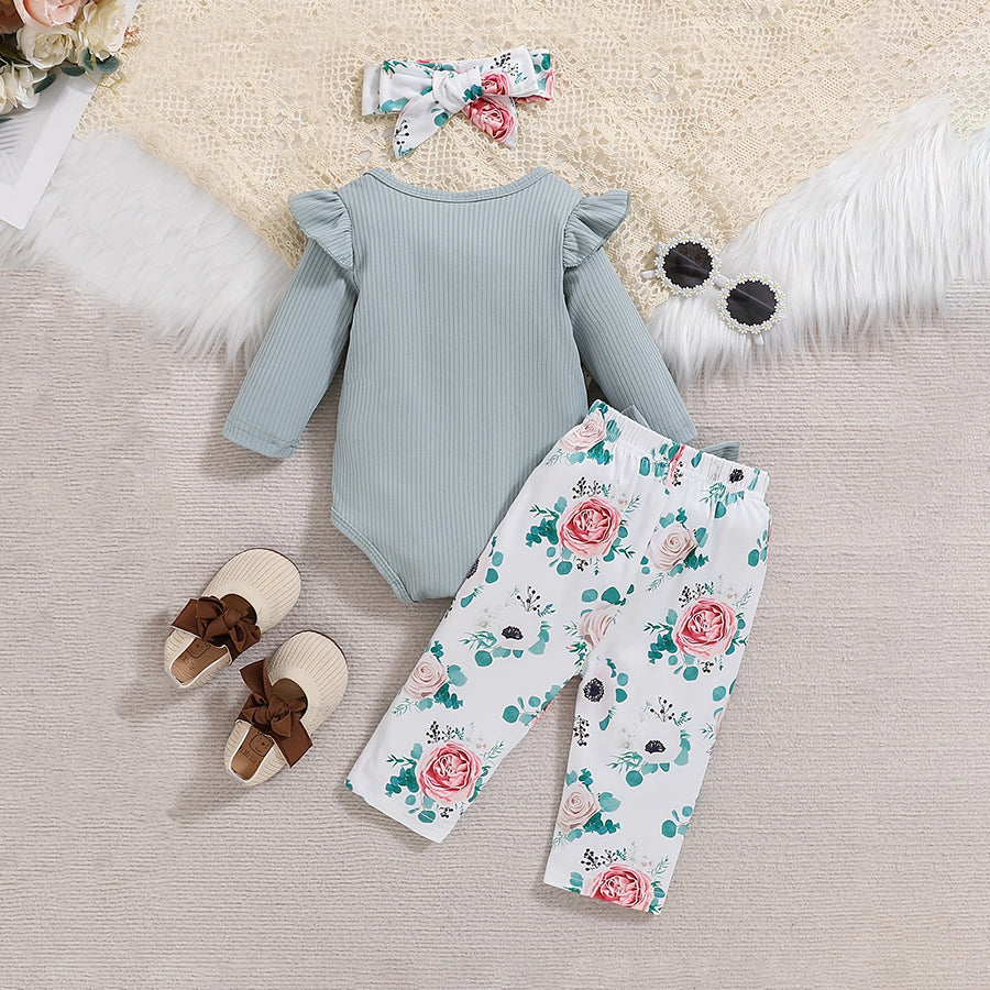 3PCS Floral Printed Ribbed Ruffle Long Sleeve Baby Set