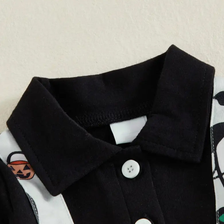 Cute Ghost Print Lapel Fake Two Baby Jumpsuit