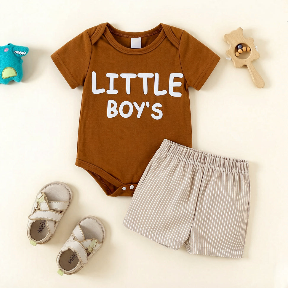2PCS Little Boy's Letter Stripe Print Short Sleeve Baby Set
