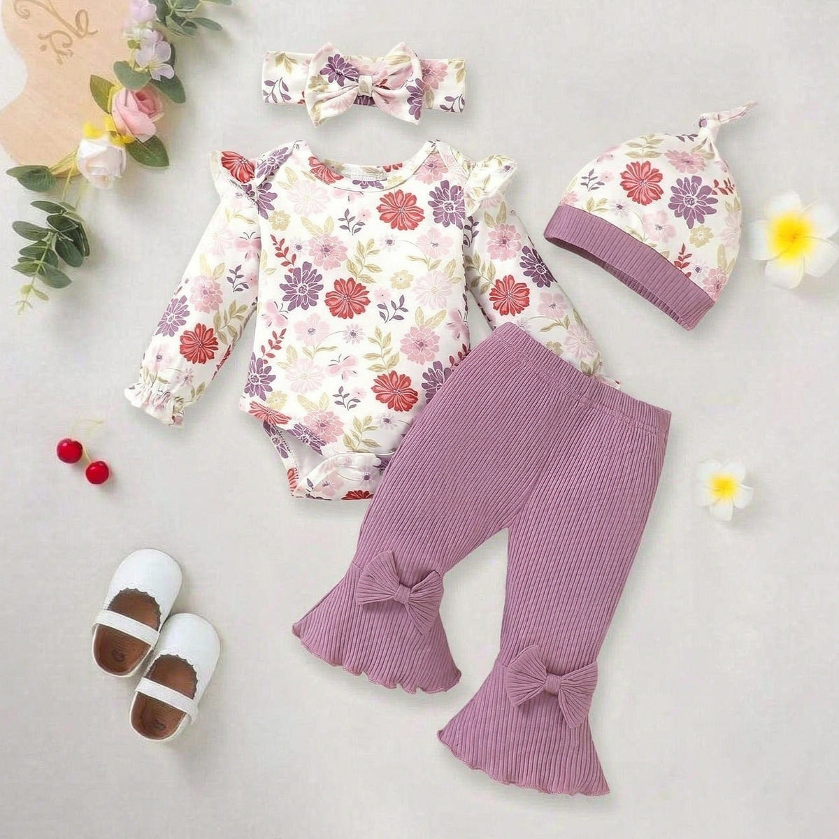 4PCS Cheerful Baby Girl Floral Print Bow Long Sleeve Set