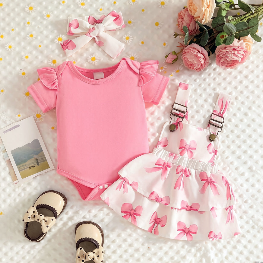 3PCS Sweet Bow Print Baby Pinafore Dress Set with Short Sleeve Top