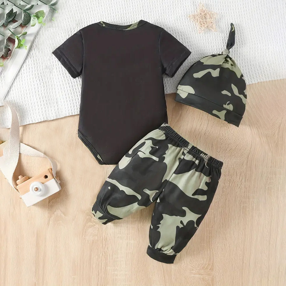 3PCS Ain't No Mama Letter Camouflage Printed Short Sleeve Baby Set