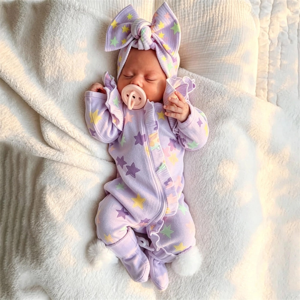 2PCS Lovely Star Print Zipper Long Sleeve Baby Girl Jumpsuit