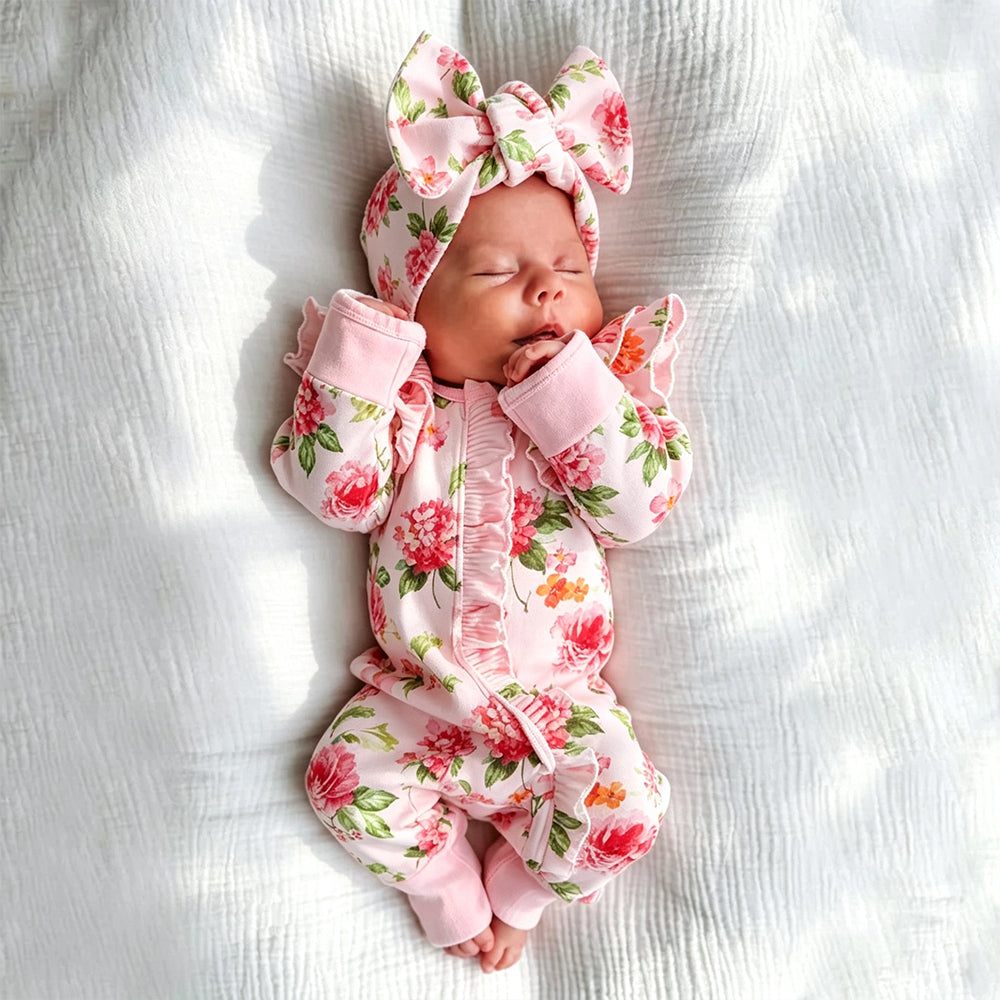 2PCS Cheerful Floral Print Zipper Long Sleeve Baby Girl Jumpsuit