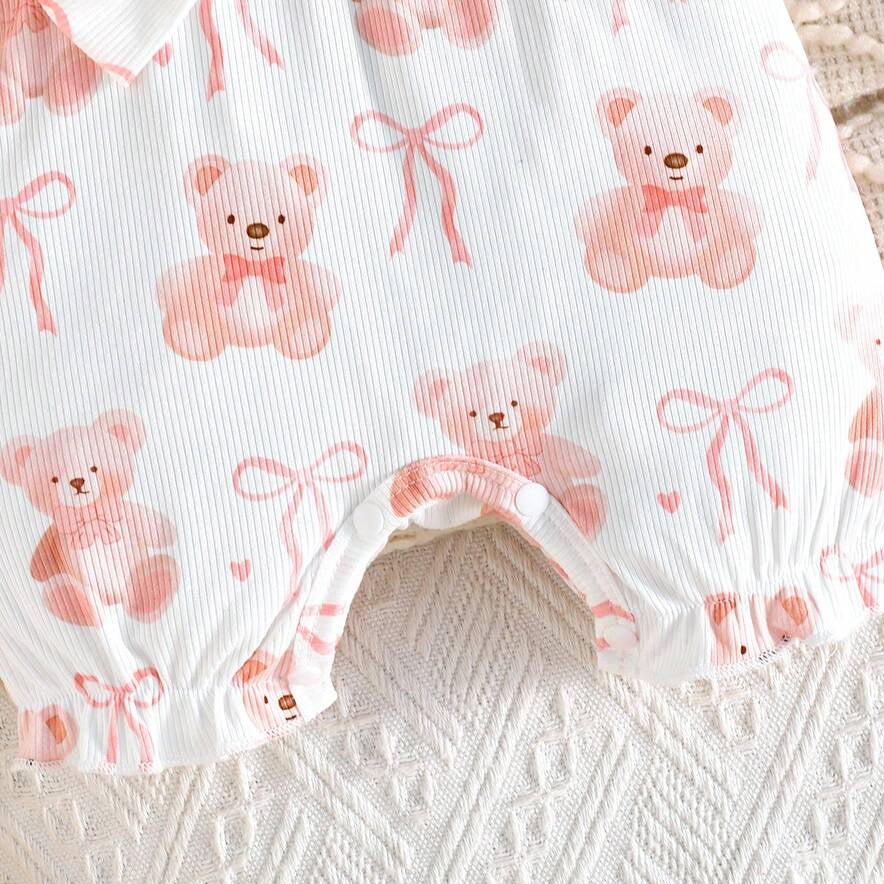 2PCS Cute Teddy Bear & Bow Print Short Sleeve Baby Jumpsuit