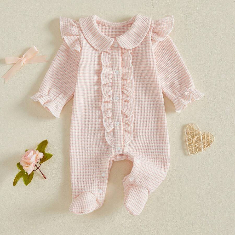 Comfy Solid Color Waffle Long Sleeve Ruffle Baby Girl Jumpsuit
