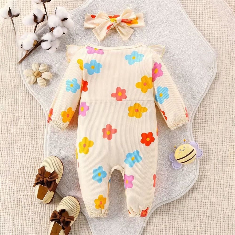 2PCS Cute Floral Print Long Sleeve Baby Jumpsuit