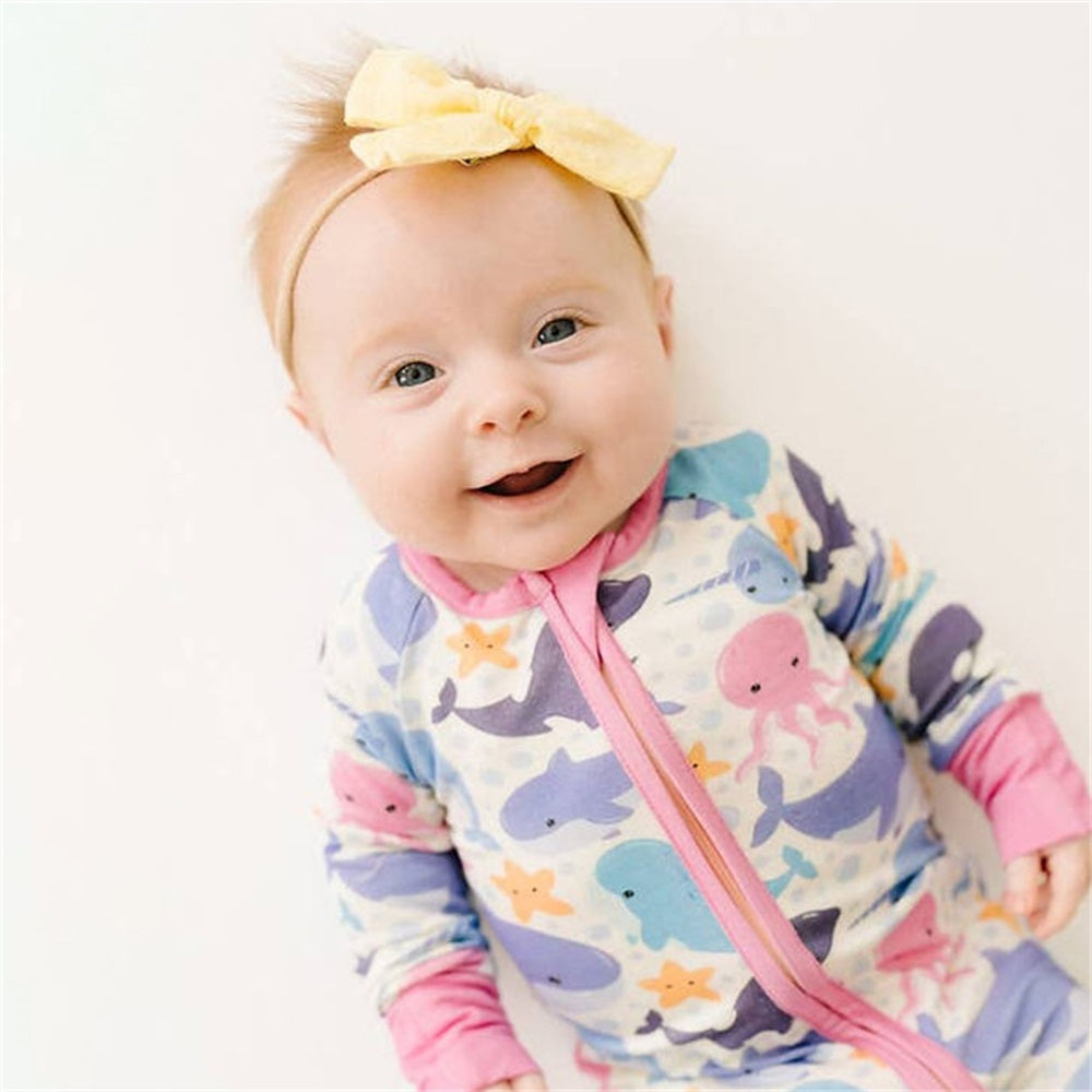 Casual Marine Animals Print Long Sleeve Zipper Baby Jumpsuit