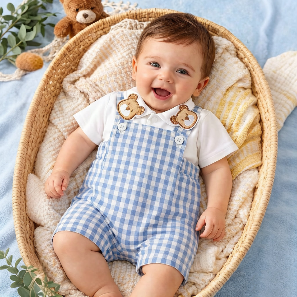 2PCS Bear Appliqué Plaid Print Short Sleeve Overalls Baby Set