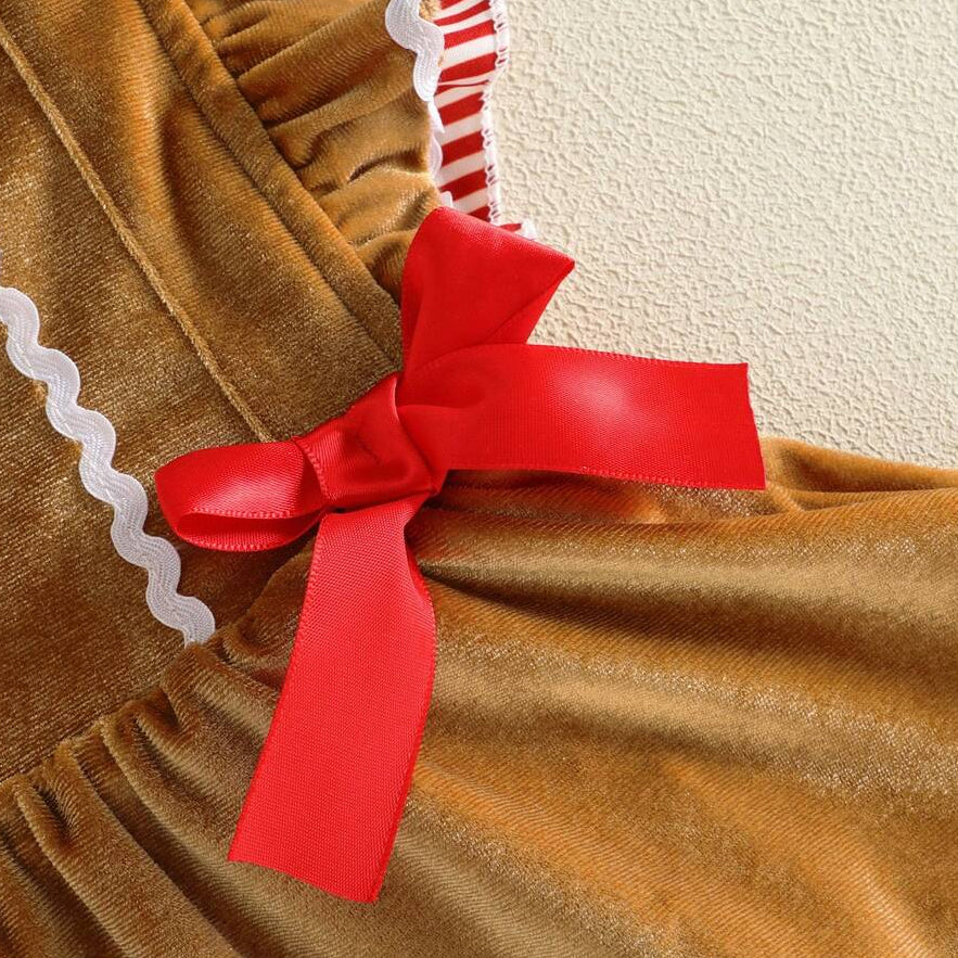 2PCS Gingerbread Man Flutter Sleeve Christmas Baby Girl Velvet Romper