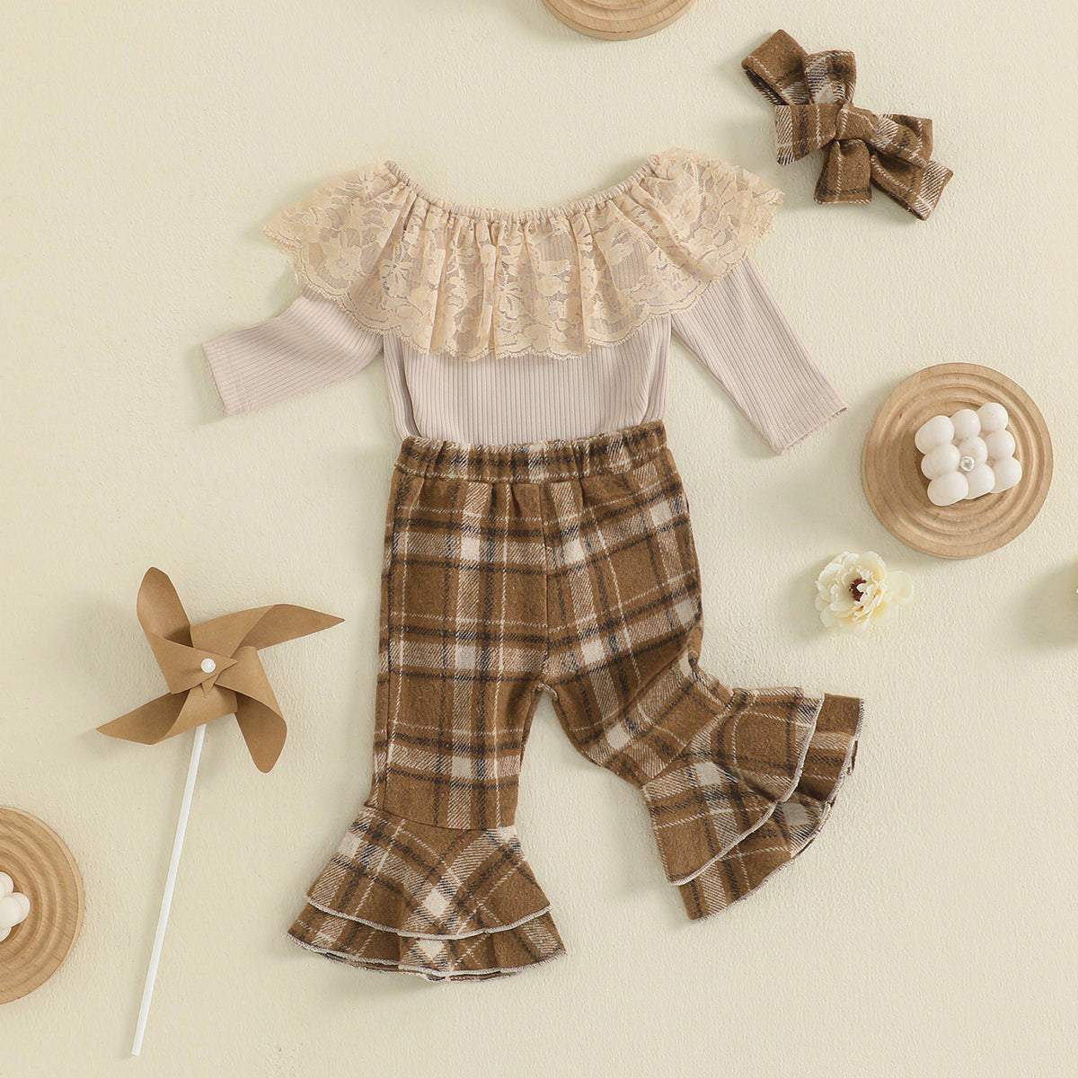 3PCS Pretty Plaid Print Lace Trim Long Sleeve Baby Girl Set