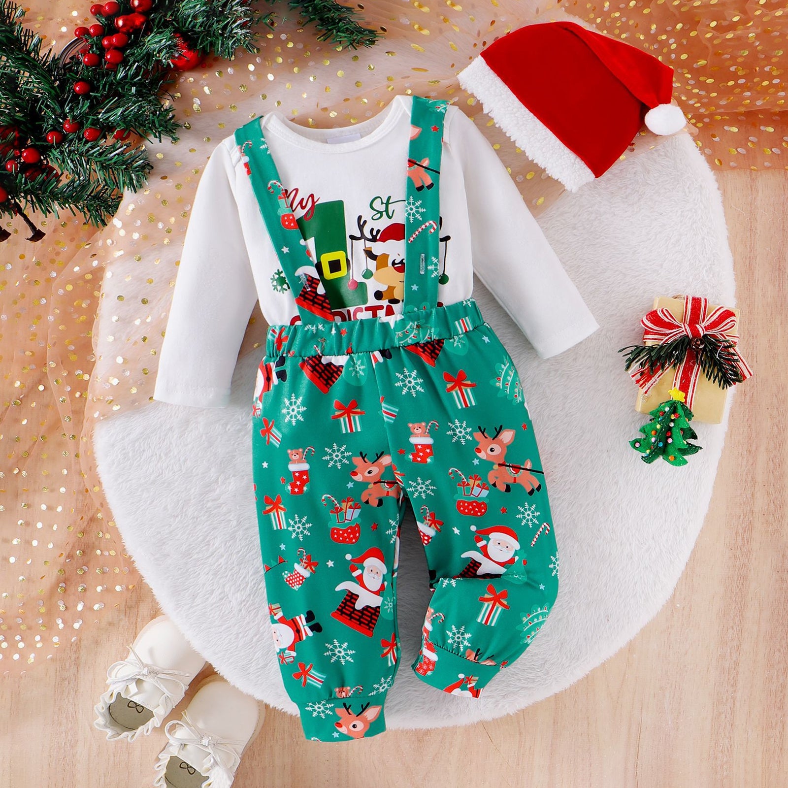 3PCS My 1st Christmas Letter and Elk Printed Overalls Baby Set