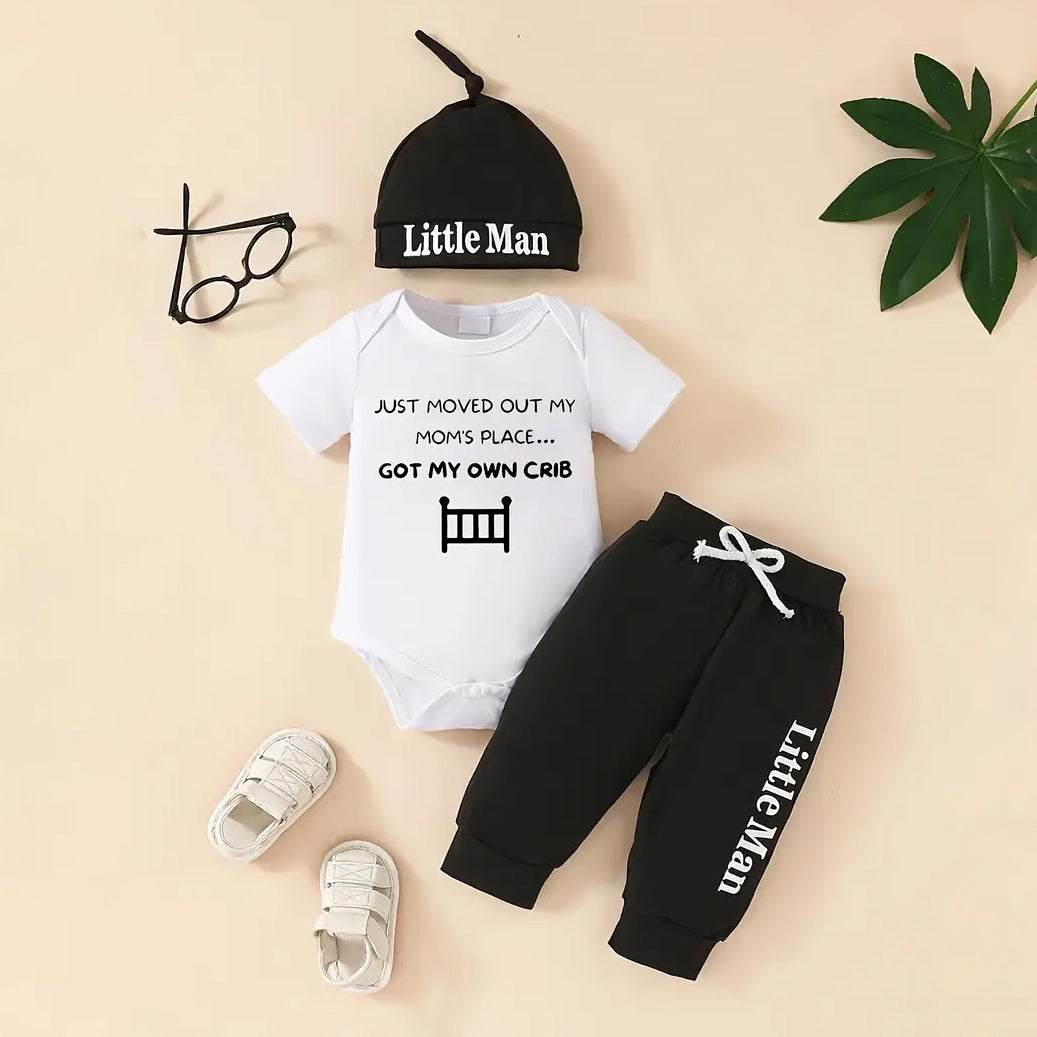 3PCS Little Man Letter Printed Short Sleeve Baby Set