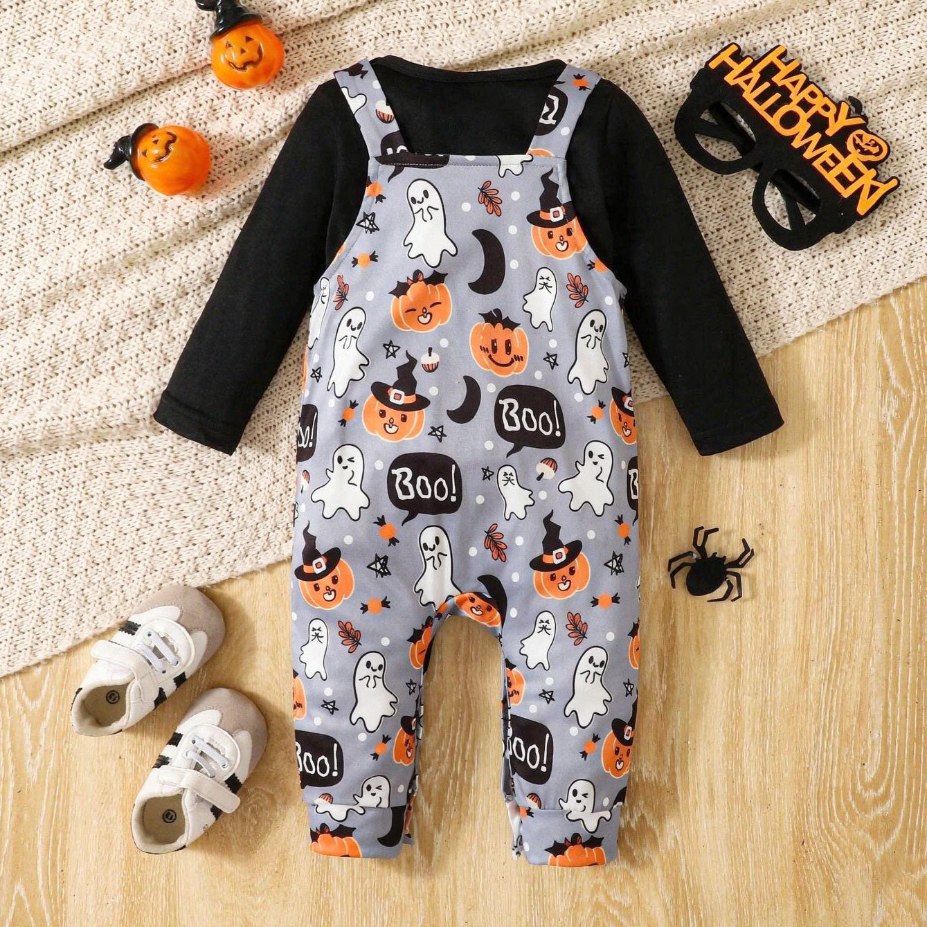 2PCS Halloween Boo Letter Pumpkin Print Long Sleeve Overalls Baby Set
