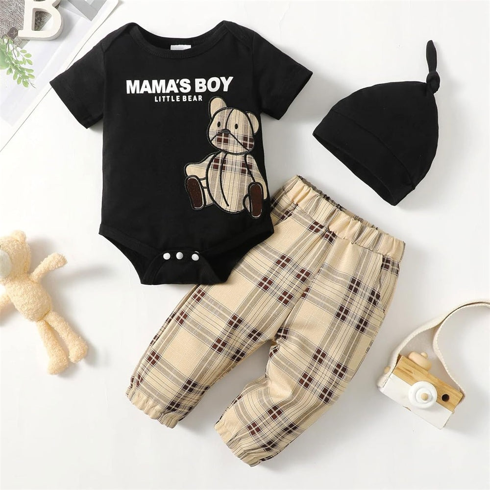 3PCS Mama's Boy Little Bear Embroidery Letter Plaid Print Baby Set